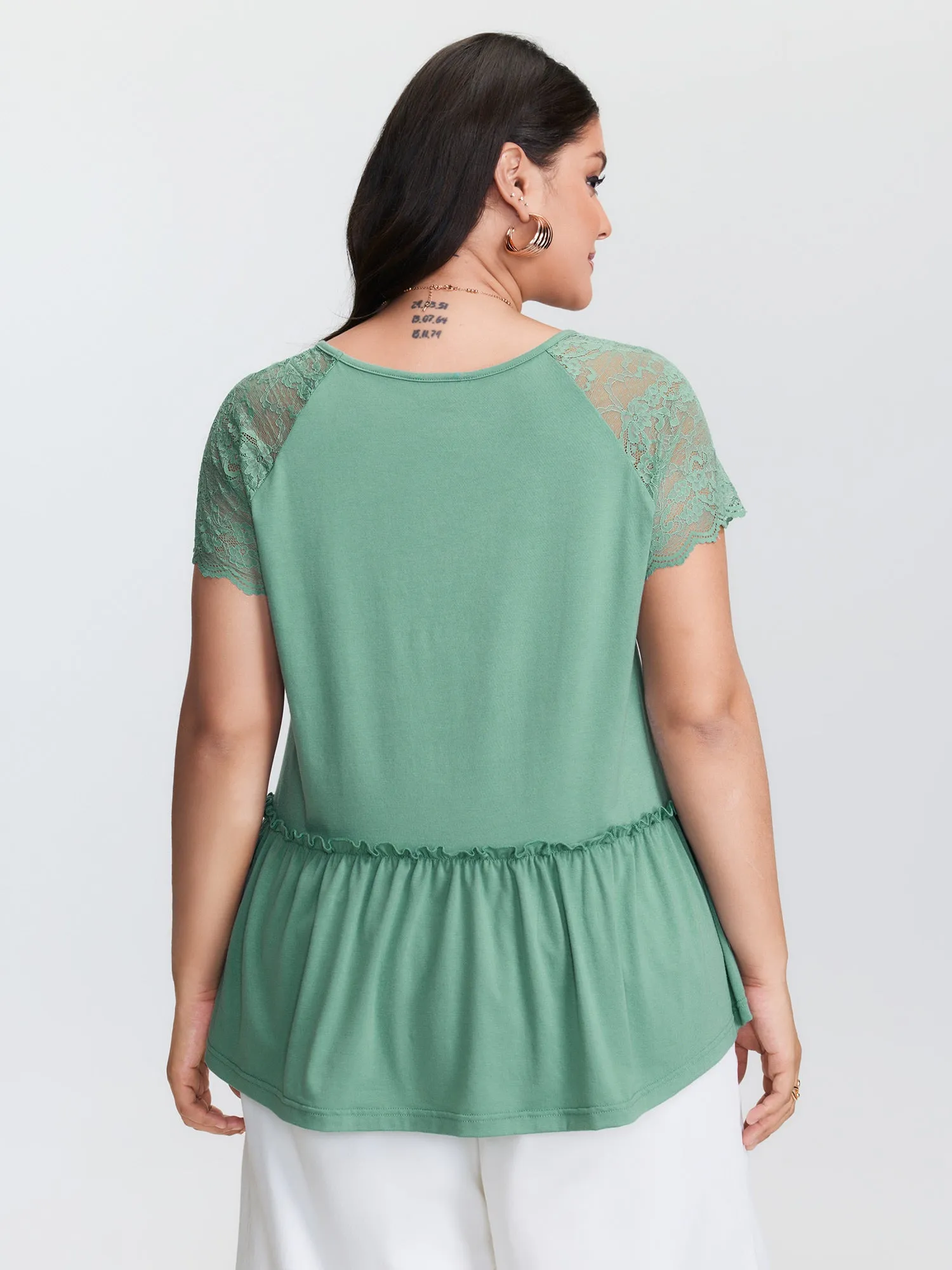 Sheer Lace Sleeve Ruffled Hem T-Shirt sold by Bloomchic product image thumbnail 5
