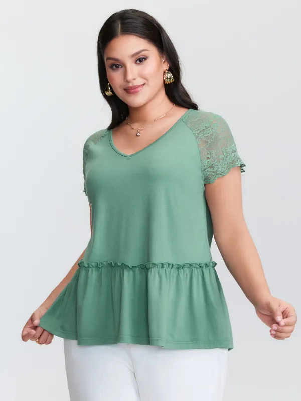 Sheer Lace Sleeve Ruffled Hem T-Shirt sold by Bloomchic