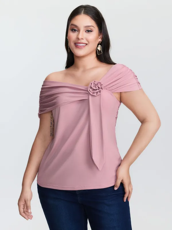 3D Floral Detail Asymmetrical Neckline T-Shirt sold by Bloomchic