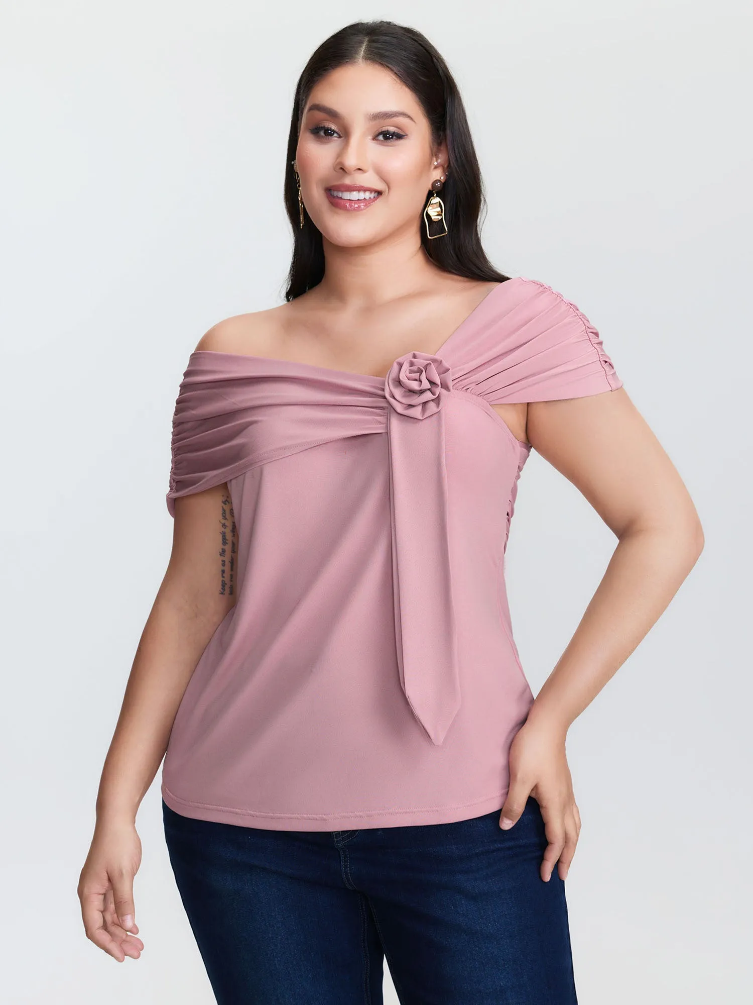 3D Floral Detail Asymmetrical Neckline T-Shirt sold by Bloomchic