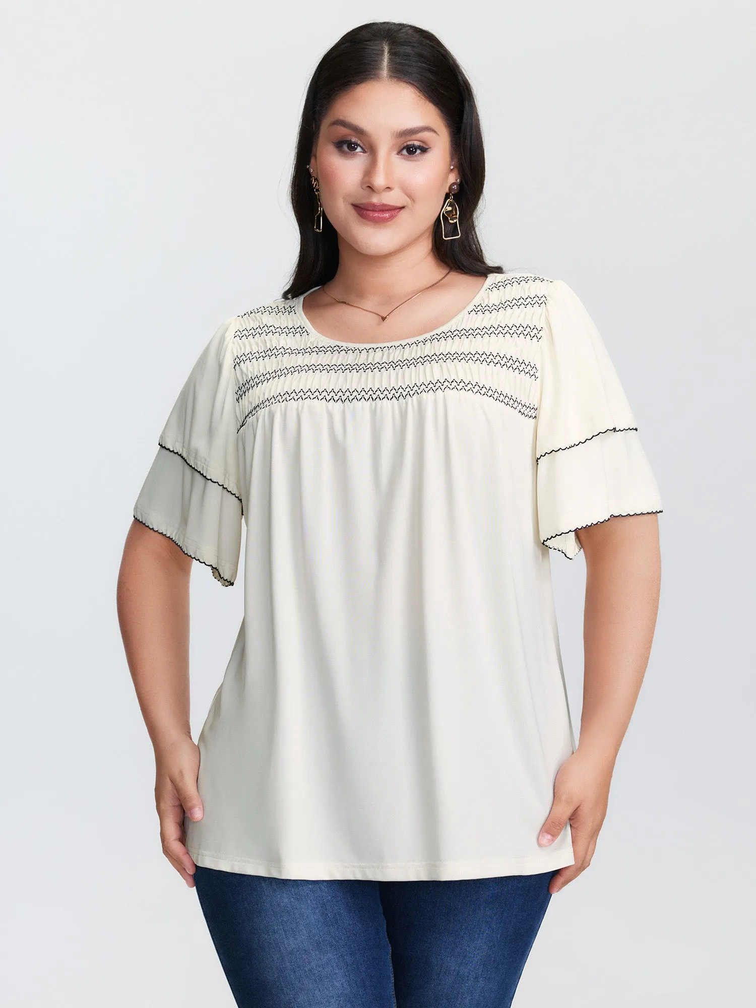 Zigzag Lace Trim Layered Sleeve T-Shirt sold by Bloomchic