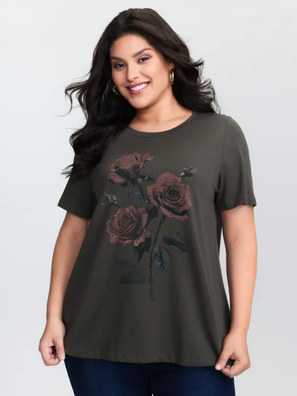 Rose Print Distressed Wash T-Shirt sold by Bloomchic