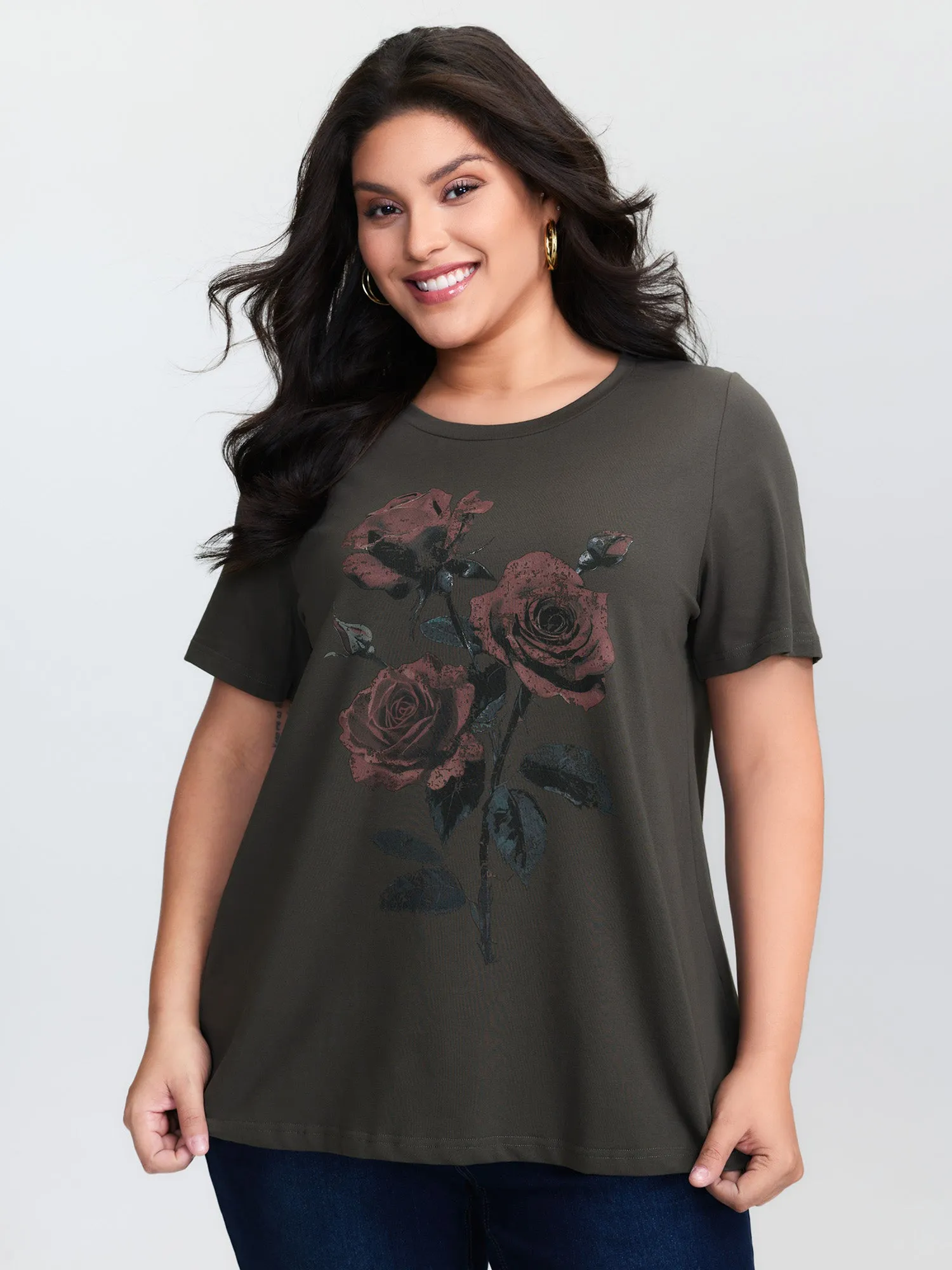 Rose Print Distressed Wash T-Shirt sold by Bloomchic