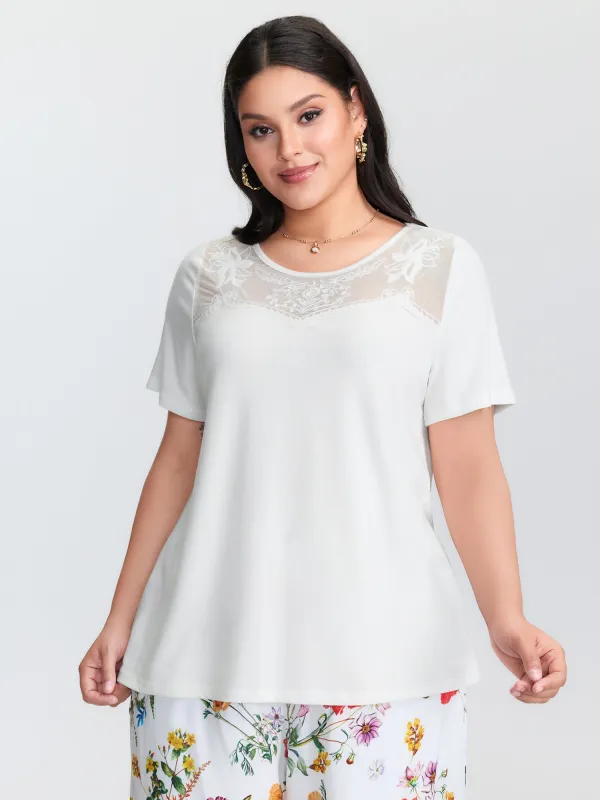 Lace Sheer Neckline Flowy T-Shirt sold by Bloomchic