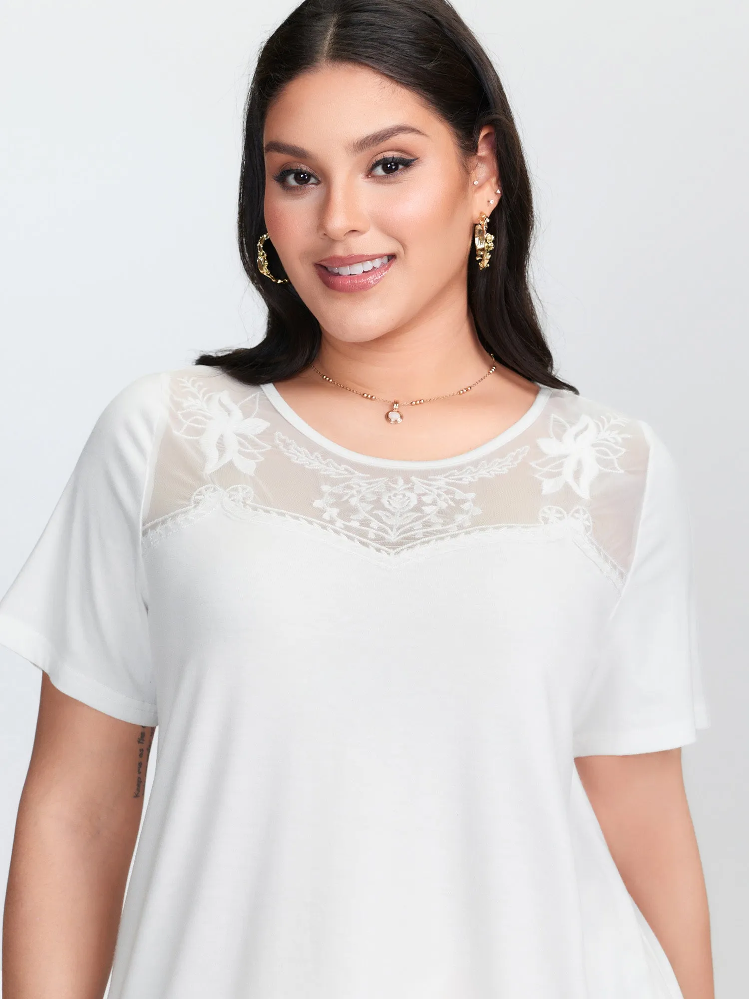 Lace Sheer Neckline Flowy T-Shirt sold by Bloomchic product image thumbnail 2