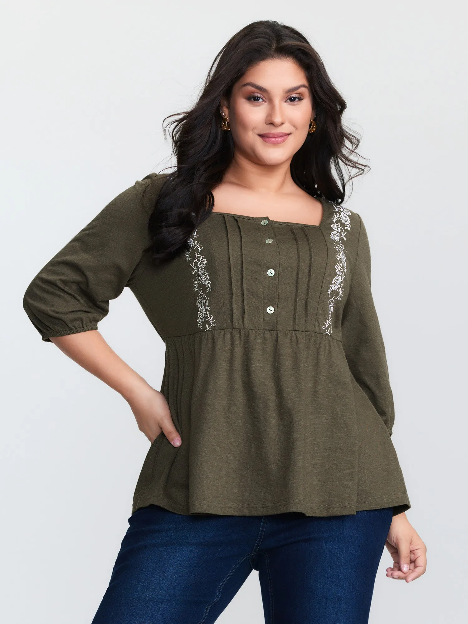Floral Embroidered Square Neckline Button Top sold by Bloomchic