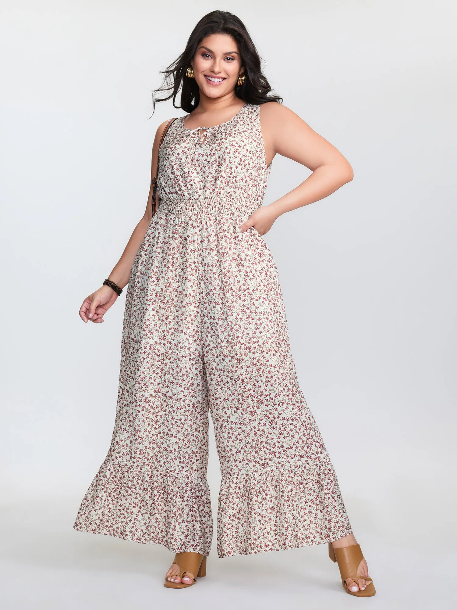 Micro Floral Print Back Tie Ruffled Hem Jumpsuit sold by Bloomchic product image thumbnail 2