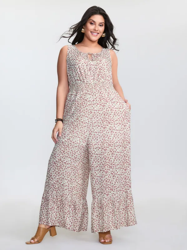 Micro Floral Print Back Tie Ruffled Hem Jumpsuit sold by Bloomchic