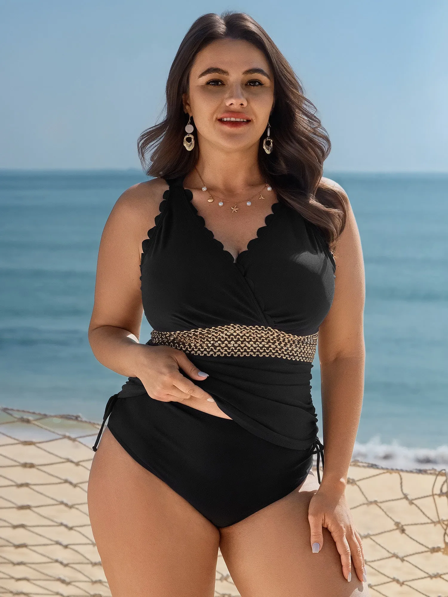 Shell Edge Drawstring Sides Swim Top sold by Bloomchic