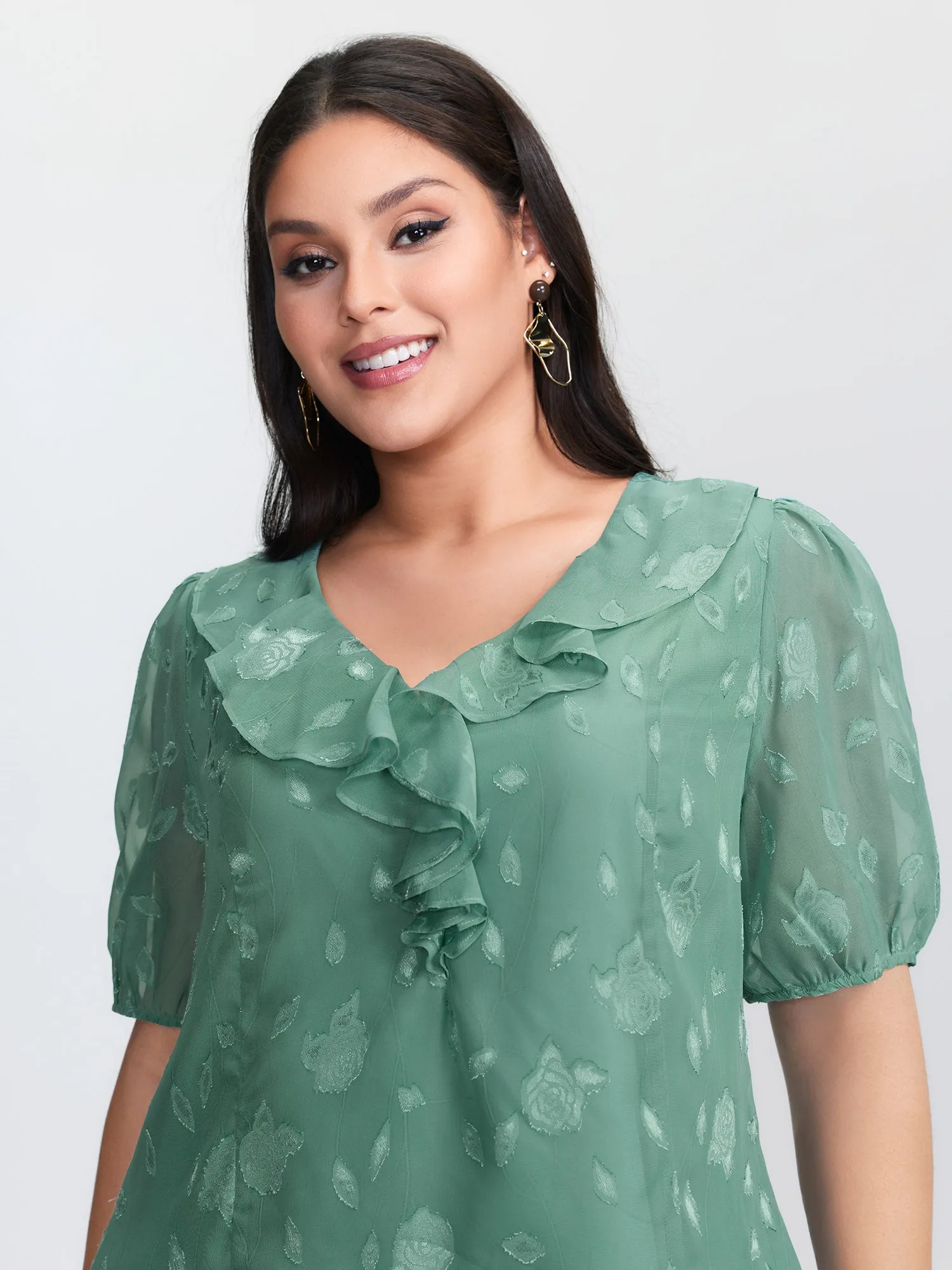 Lotus Leaf Neckline Textured Curvy Hem Blouse sold by Bloomchic product image thumbnail 2