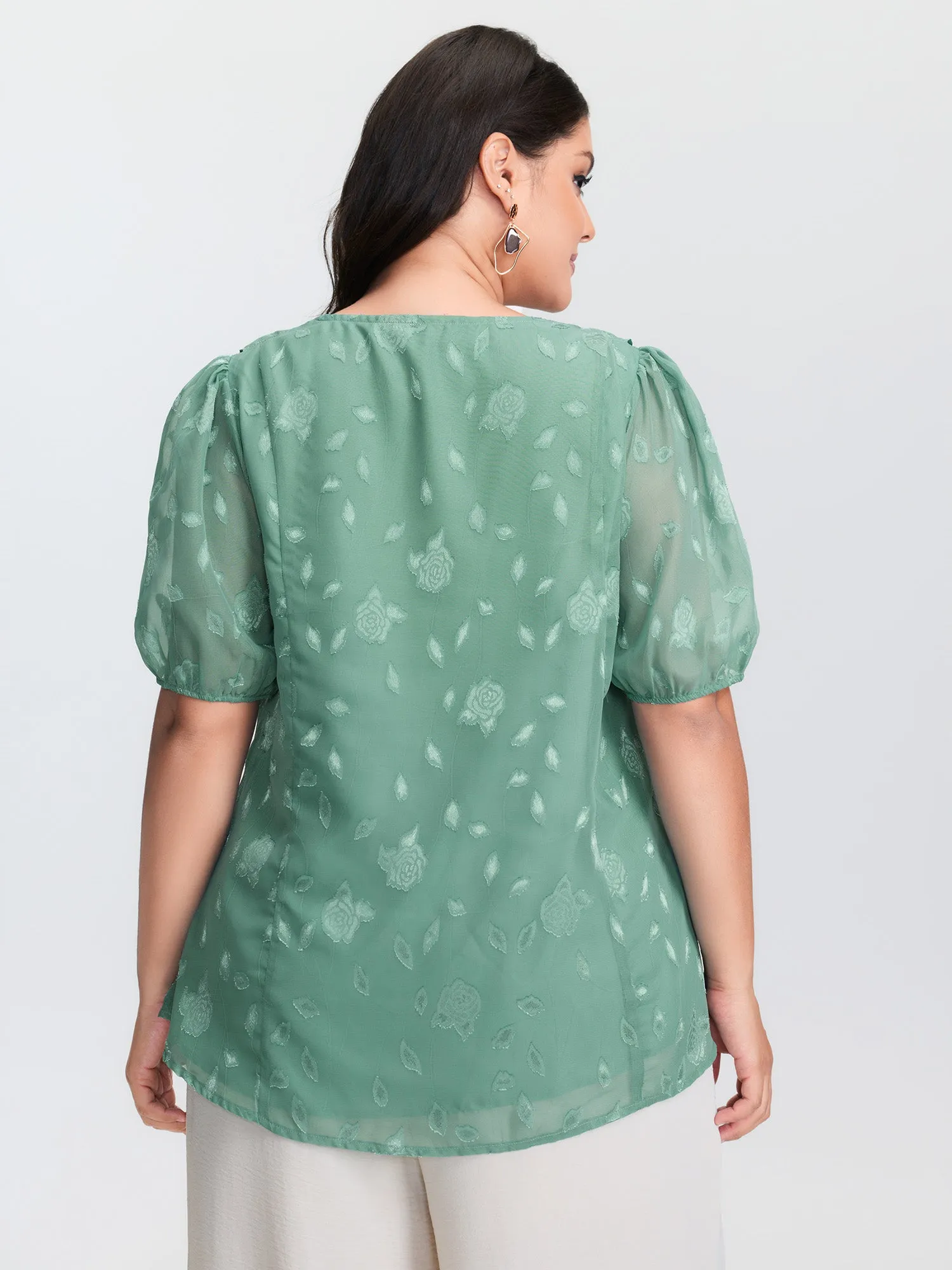 Lotus Leaf Neckline Textured Curvy Hem Blouse sold by Bloomchic product image thumbnail 4