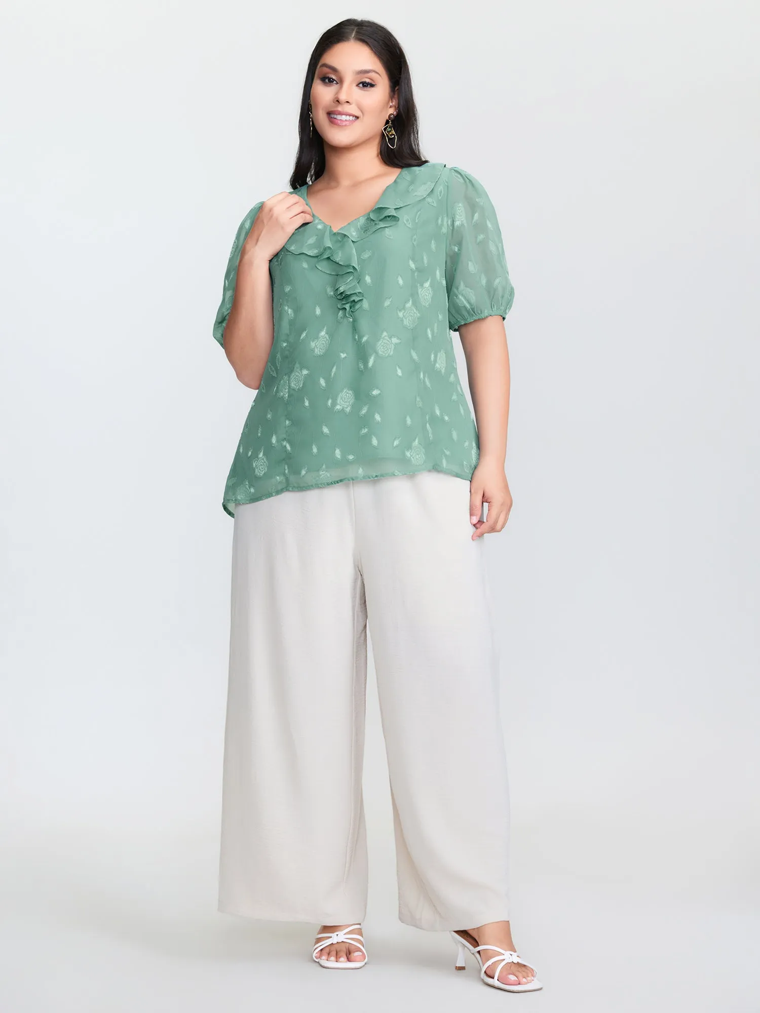 Lotus Leaf Neckline Textured Curvy Hem Blouse sold by Bloomchic product image thumbnail 3