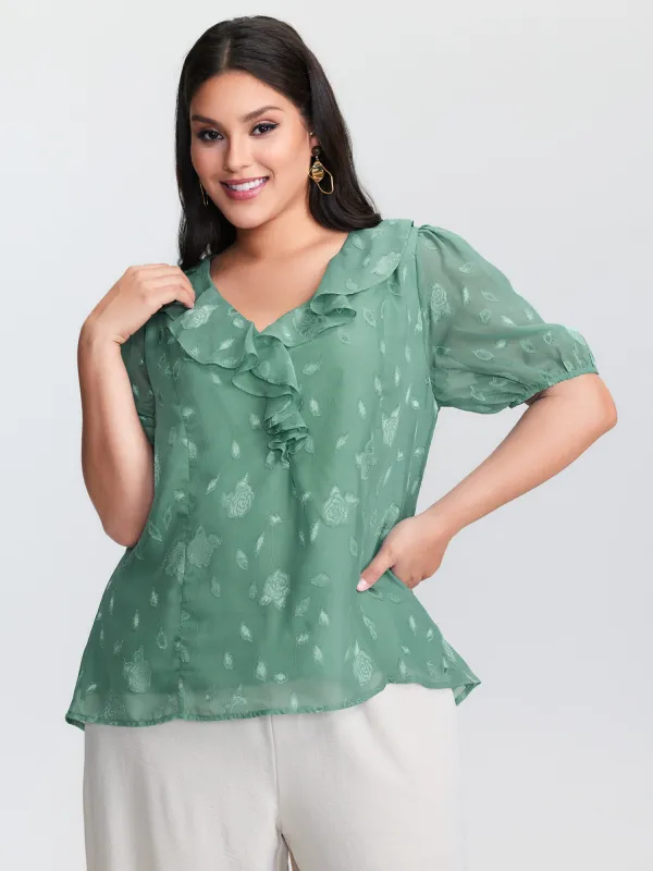 Lotus Leaf Neckline Textured Curvy Hem Blouse sold by Bloomchic