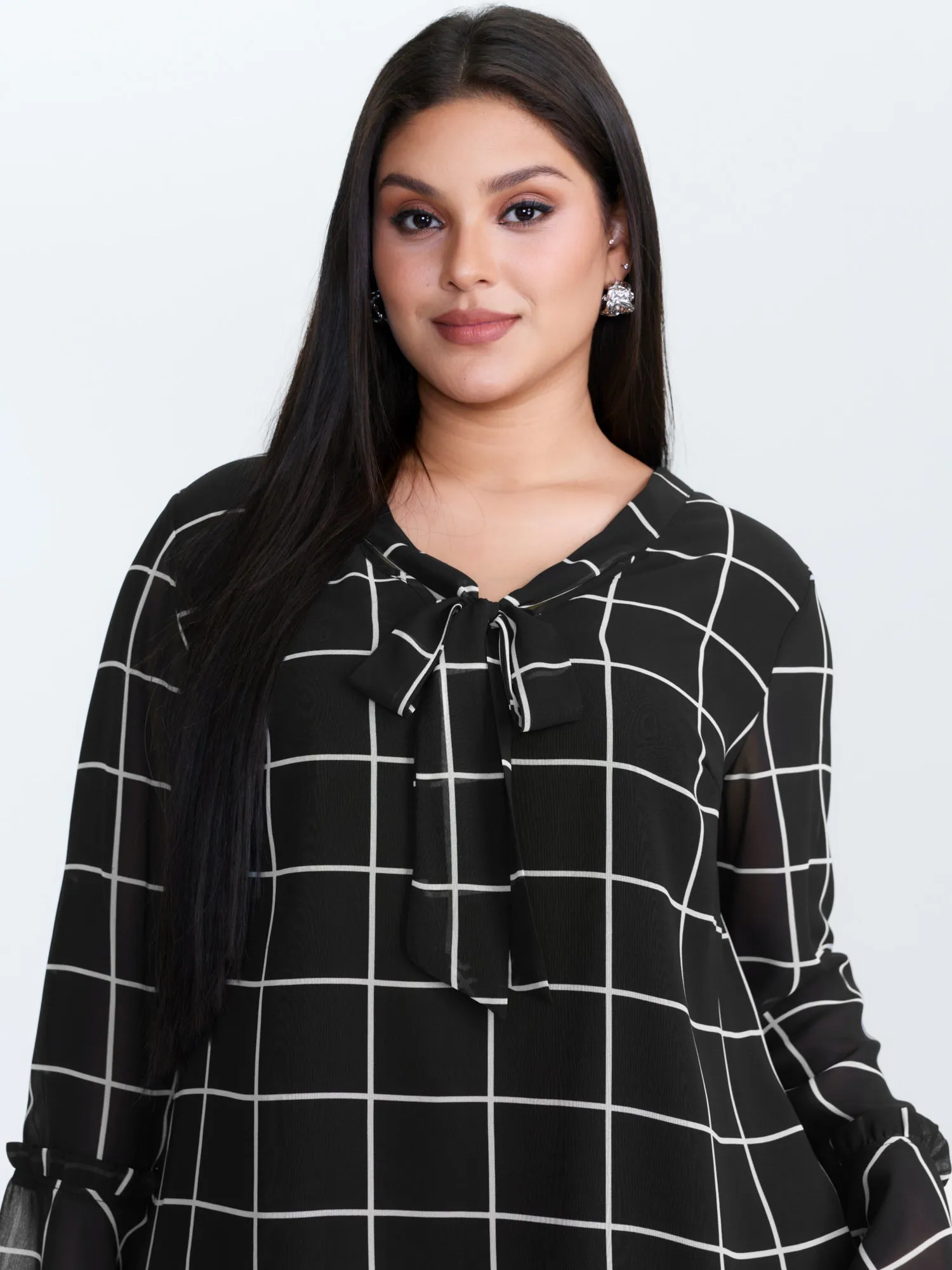 Grid Print Ruffled Sleeve Ribbon Neckline Blouse sold by Bloomchic product image thumbnail 4