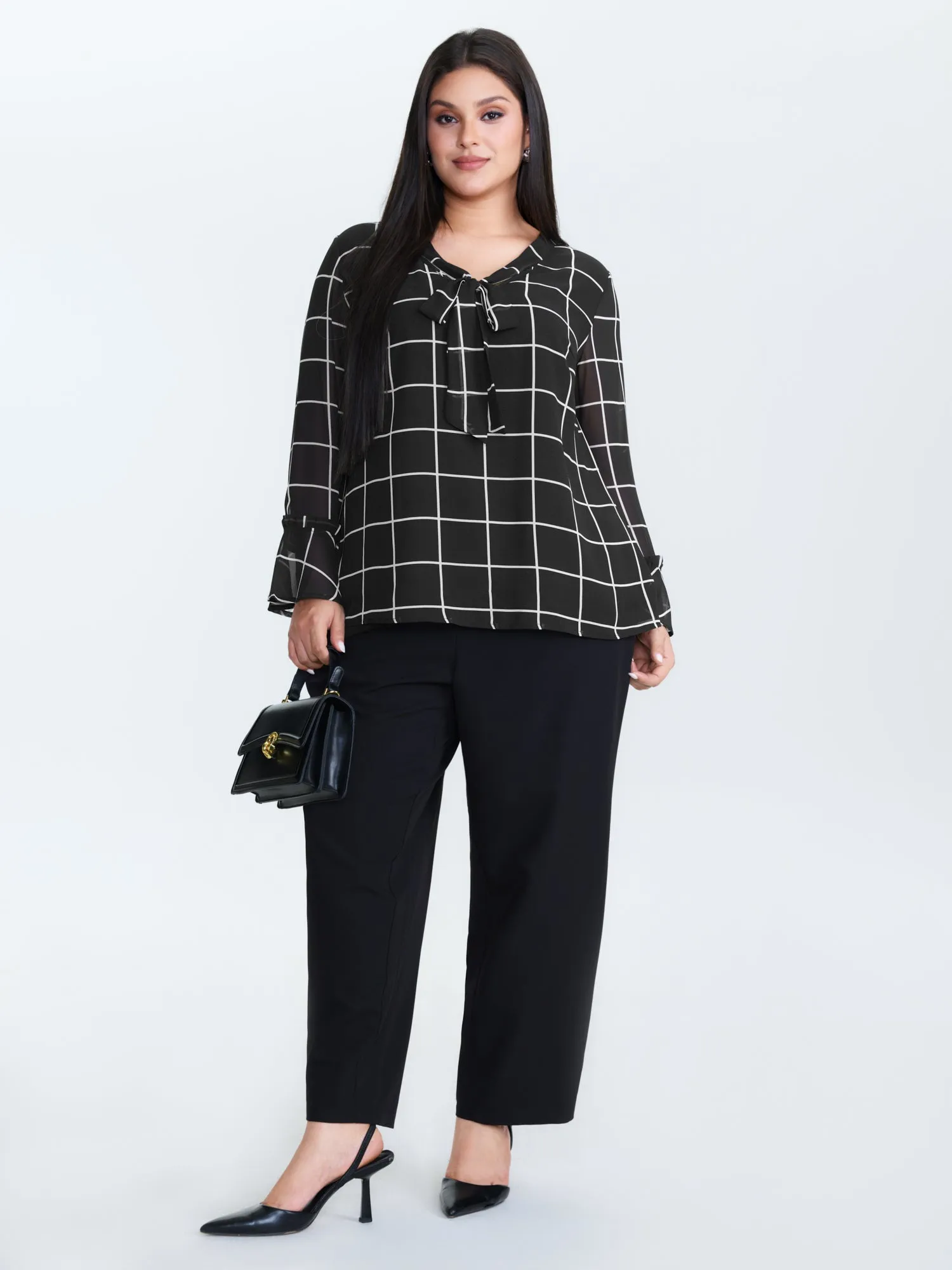 Grid Print Ruffled Sleeve Ribbon Neckline Blouse sold by Bloomchic product image thumbnail 3