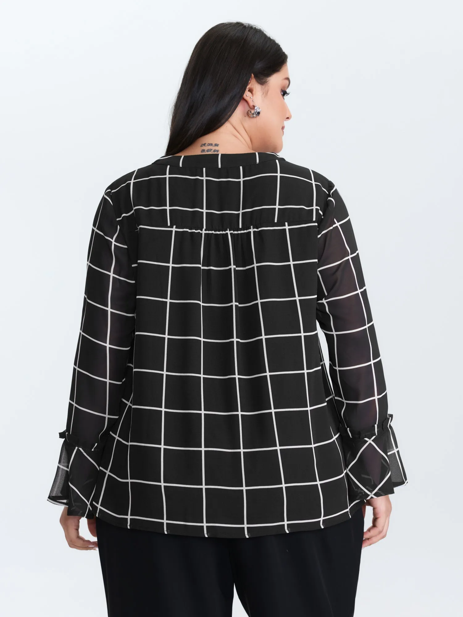 Grid Print Ruffled Sleeve Ribbon Neckline Blouse sold by Bloomchic product image thumbnail 5