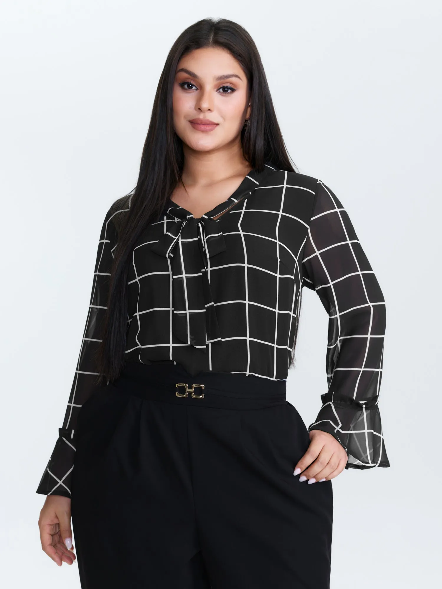 Grid Print Ruffled Sleeve Ribbon Neckline Blouse sold by Bloomchic product image thumbnail 2