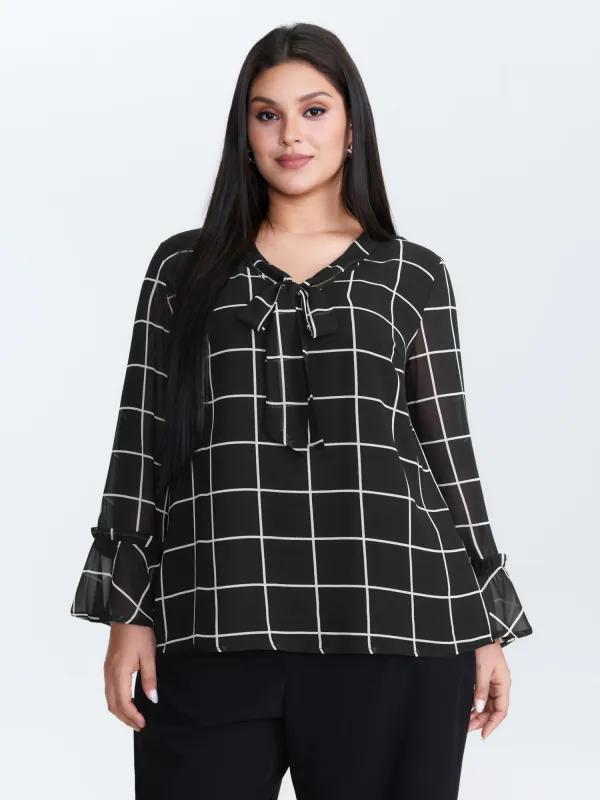 Grid Print Ruffled Sleeve Ribbon Neckline Blouse sold by Bloomchic