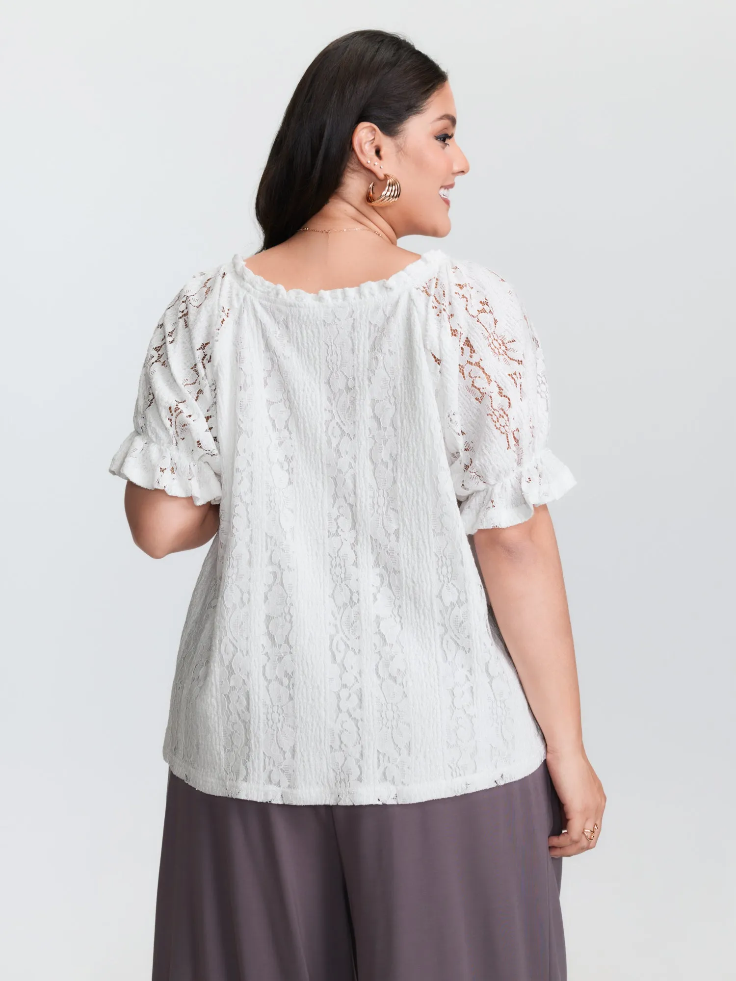 Sheer Lace Panels Ruffled Neckline Blouse sold by Bloomchic product image thumbnail 4