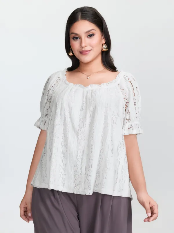 Sheer Lace Panels Ruffled Neckline Blouse sold by Bloomchic