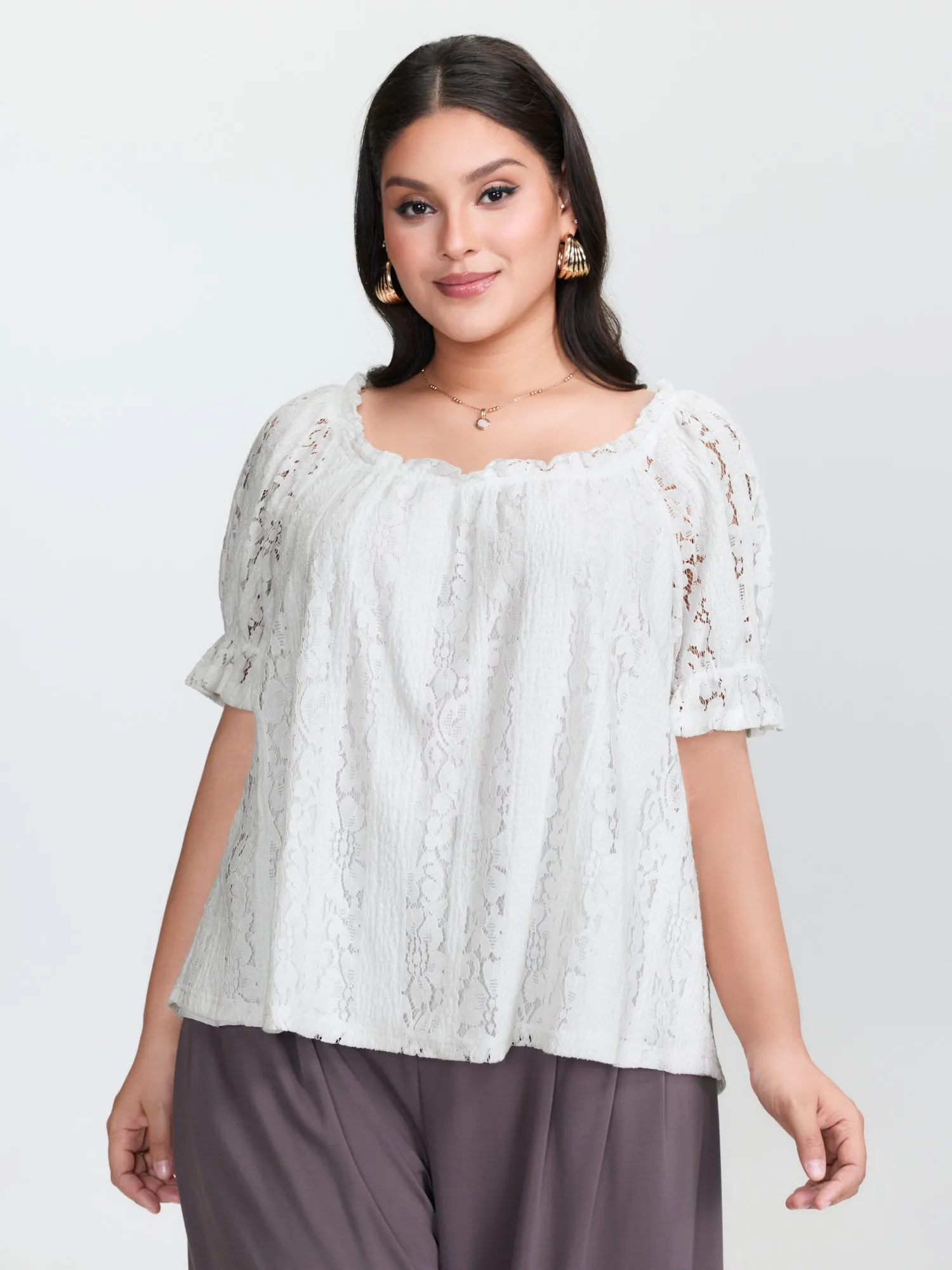 Sheer Lace Panels Ruffled Neckline Blouse sold by Bloomchic