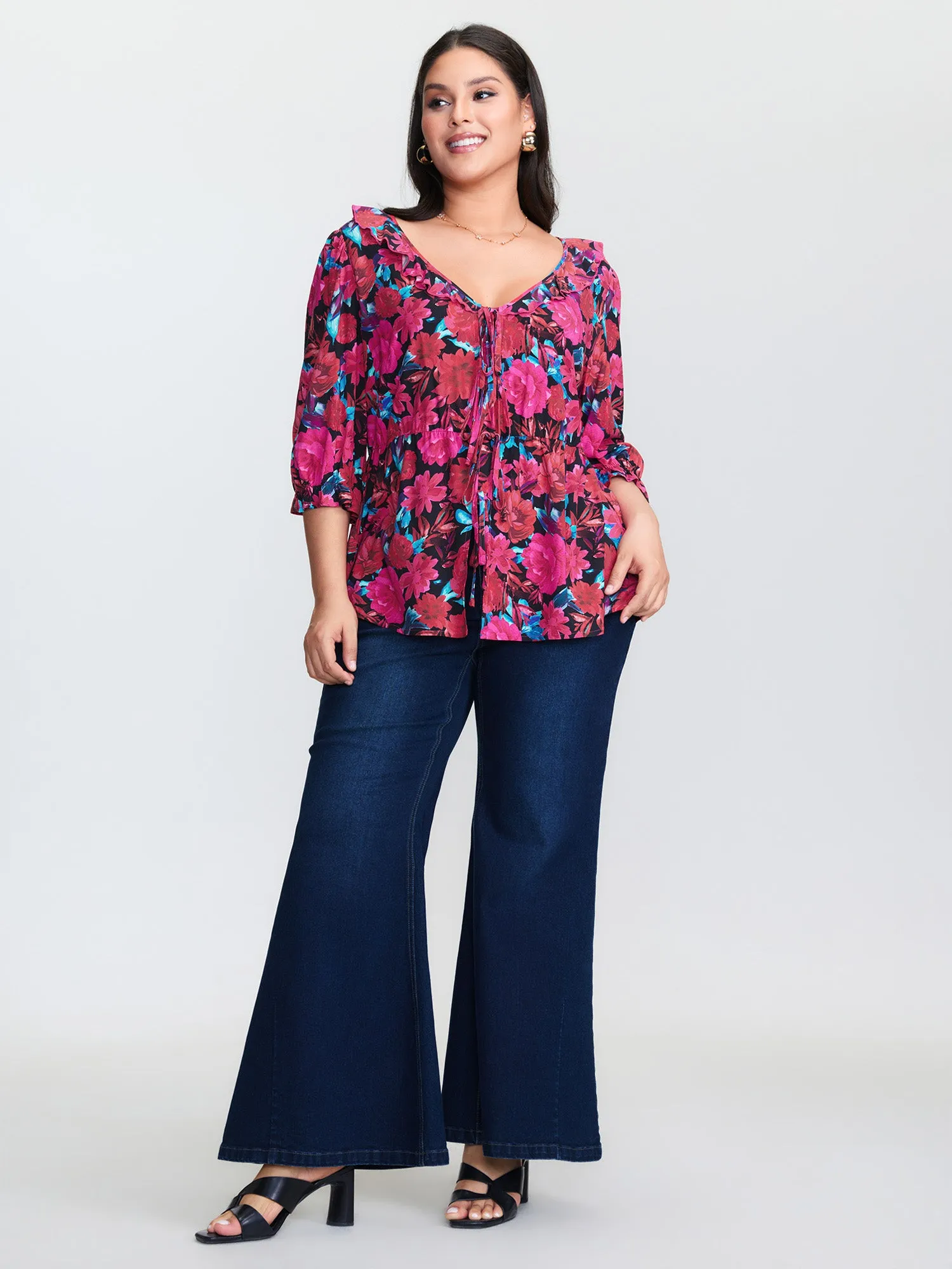 Floral Print Front-Tie Cinched Flared Blouse sold by Bloomchic product image thumbnail 3
