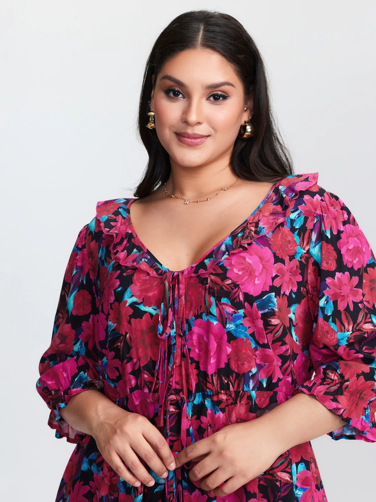 Floral Print Front-Tie Cinched Flared Blouse sold by Bloomchic product image thumbnail 2