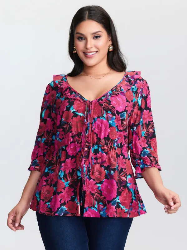 Floral Print Front-Tie Cinched Flared Blouse sold by Bloomchic