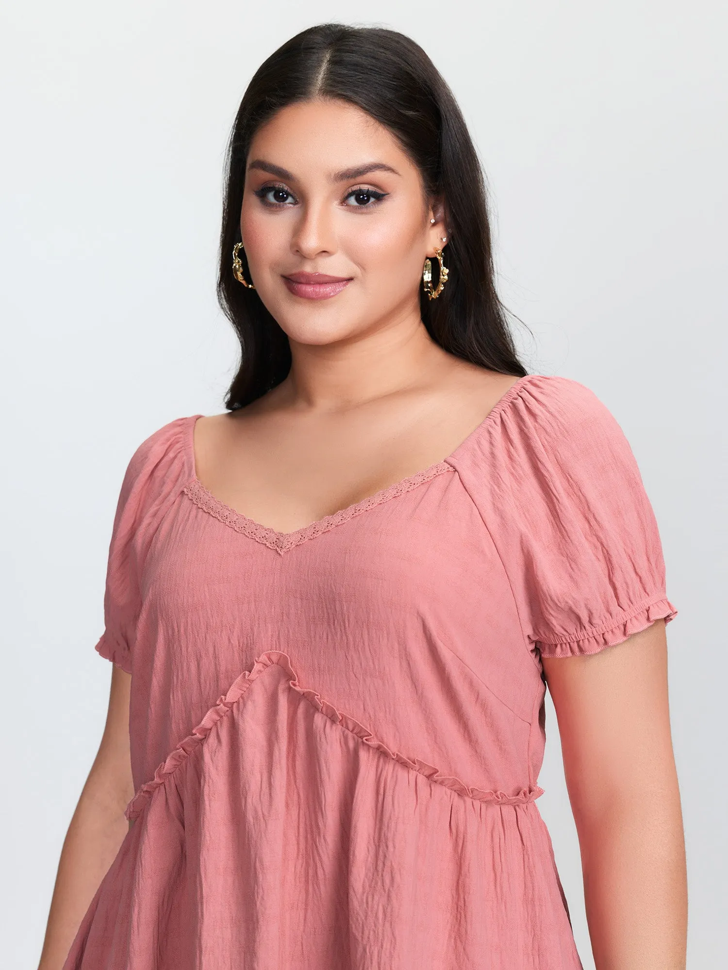 Lace Trim Ruffled Hem Plain Blouse sold by Bloomchic product image thumbnail 2