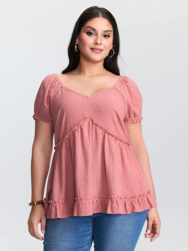 Lace Trim Ruffled Hem Plain Blouse sold by Bloomchic