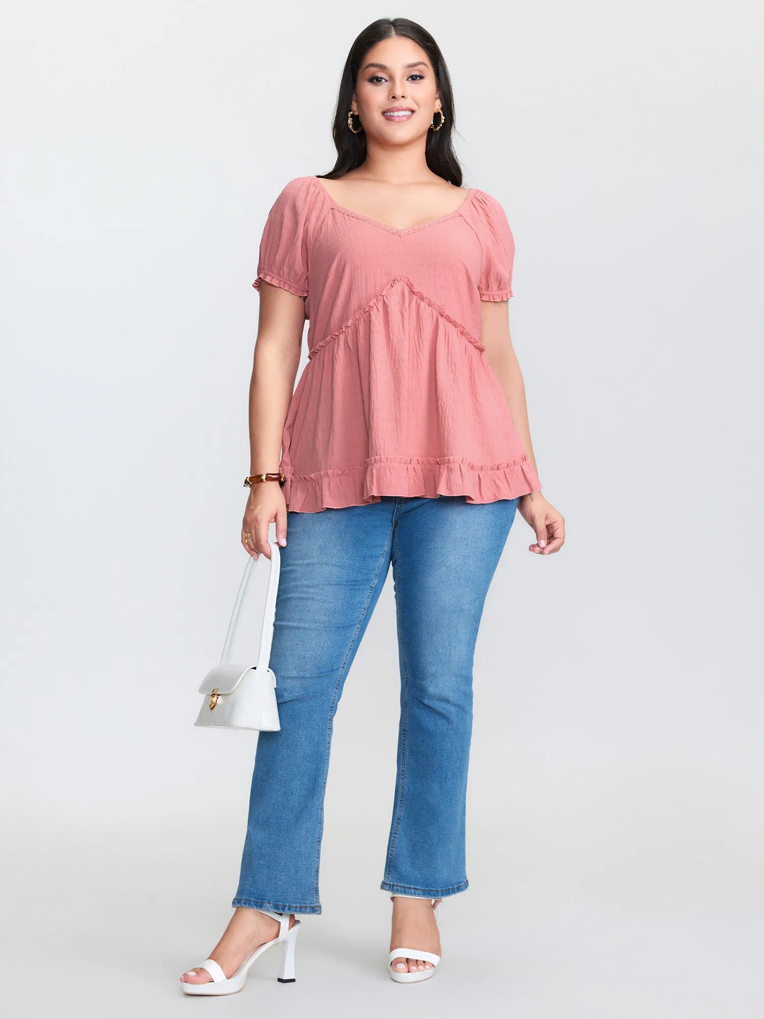 Lace Trim Ruffled Hem Plain Blouse sold by Bloomchic product image thumbnail 3