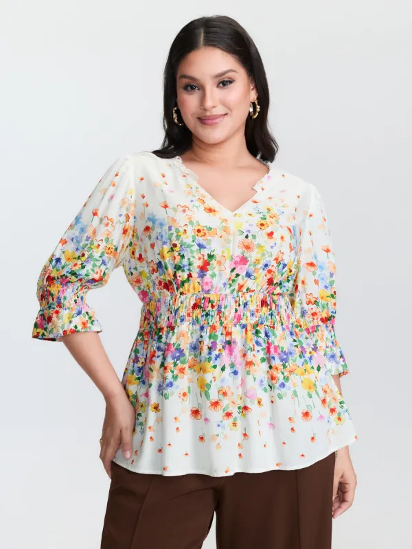 Colorful Floral Print Shirred Bodice Blouse sold by Bloomchic