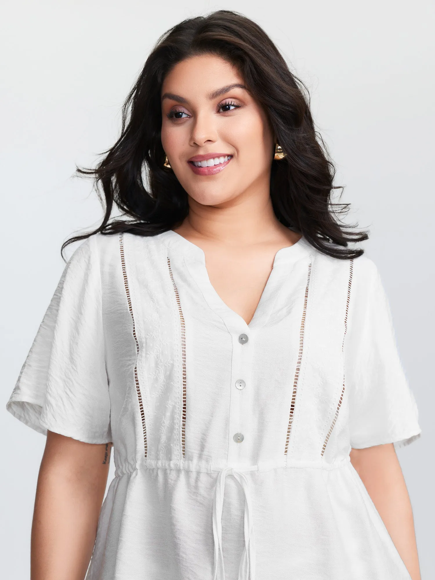 Lace Trim Drawstring Waist Plain Blouse sold by Bloomchic product image thumbnail 3