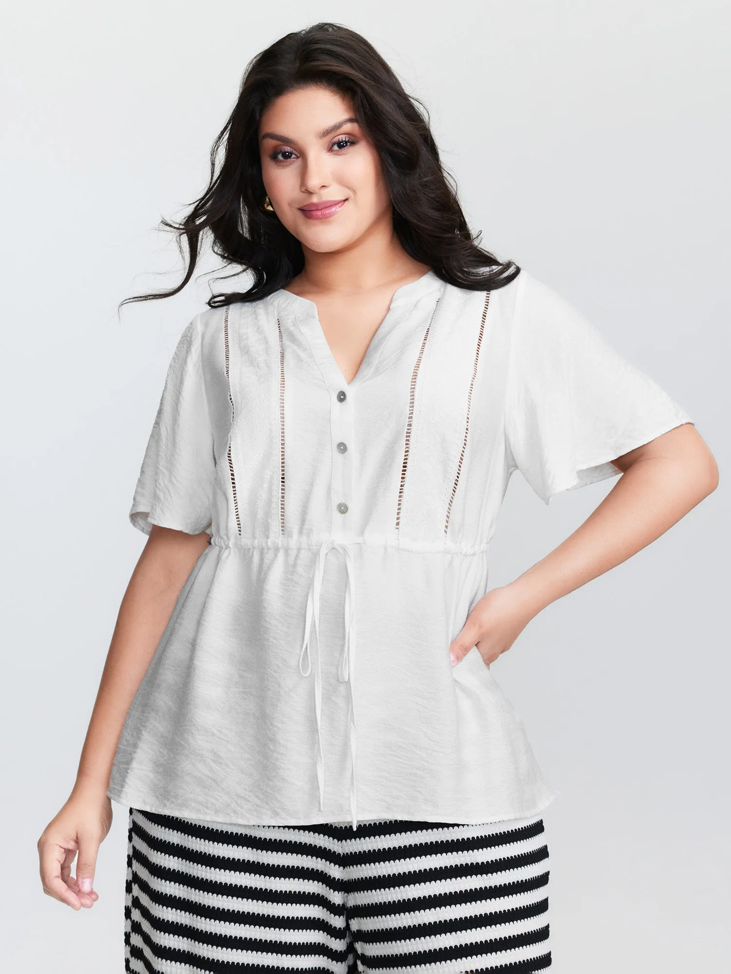 Lace Trim Drawstring Waist Plain Blouse sold by Bloomchic