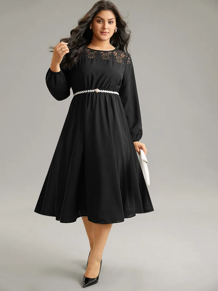 Lace Panel Patchwork Lantern Sleeve Dress sold by Bloomchic