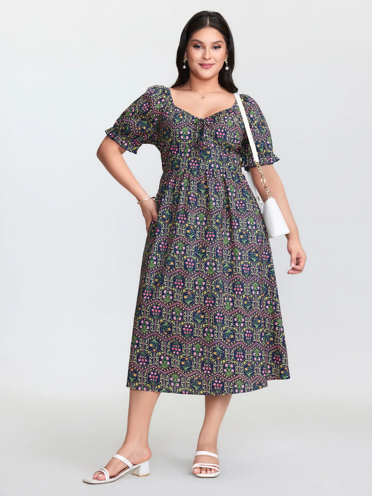 Cotton Geometric Print Shirred Waist Midi Dress sold by Bloomchic product image thumbnail 4