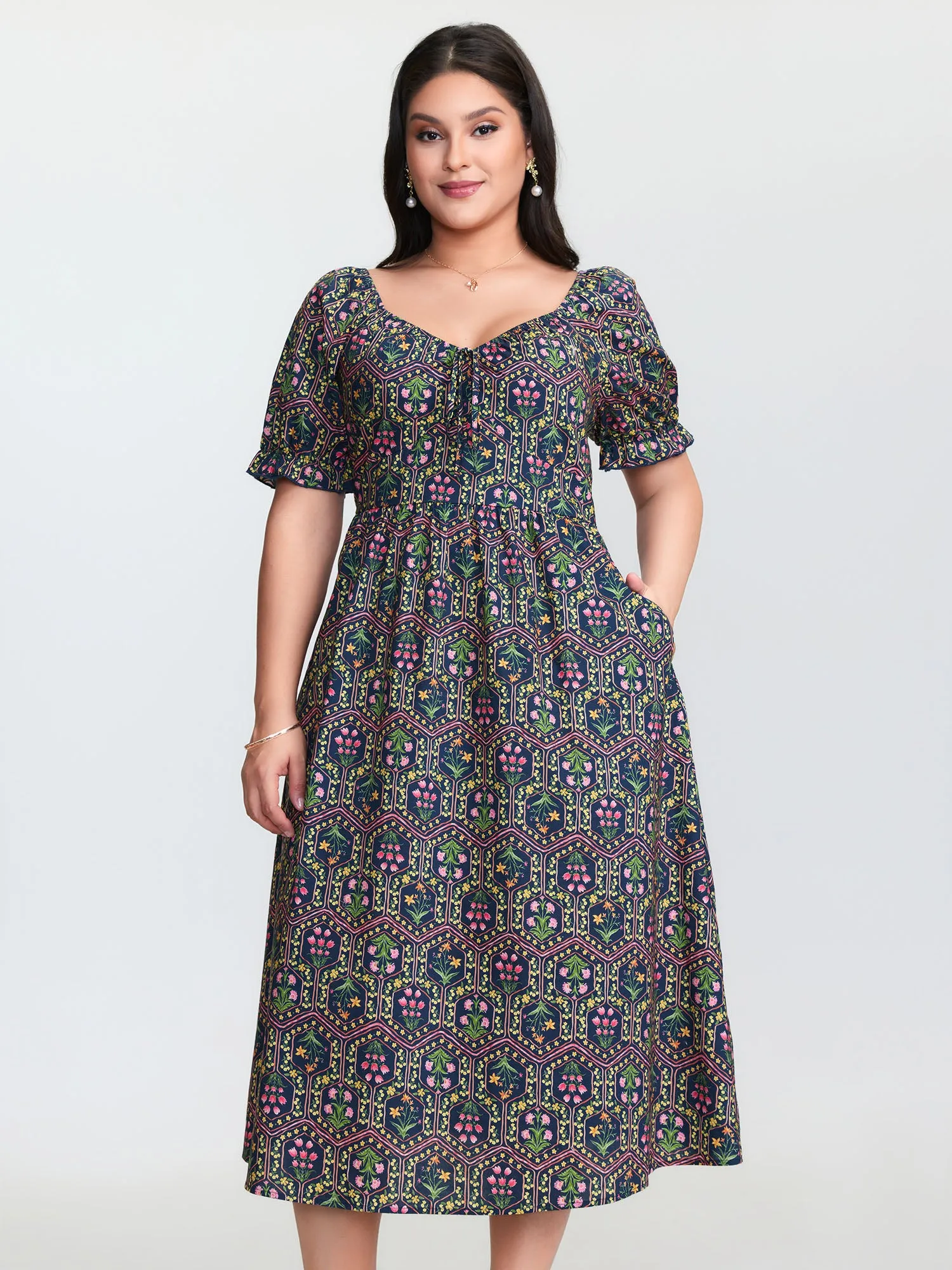 Cotton Geometric Print Shirred Waist Midi Dress sold by Bloomchic
