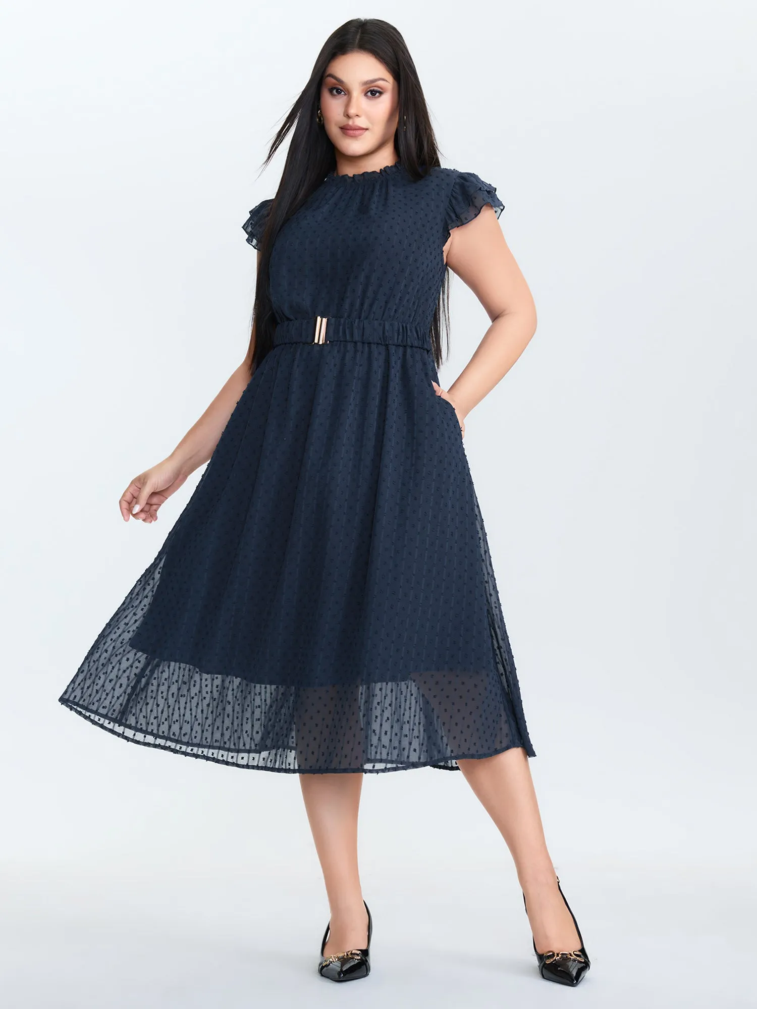 Textured Sheer Ruffled Mock Neckline Midi Dress sold by Bloomchic product image thumbnail 3