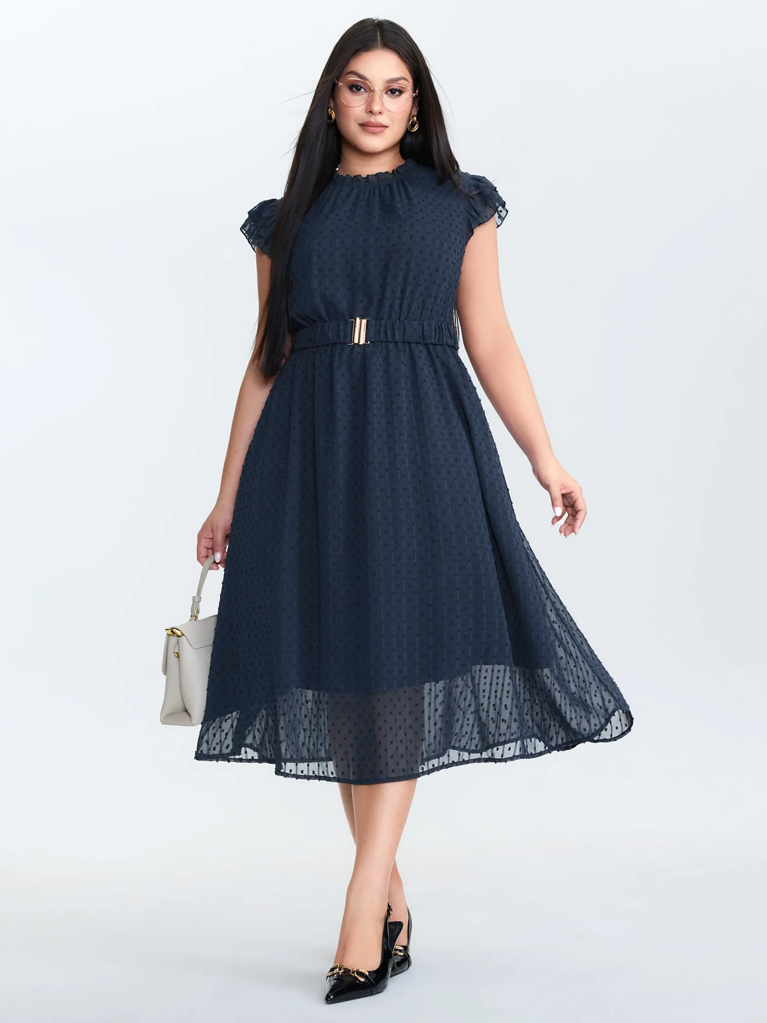 Textured Sheer Ruffled Mock Neckline Midi Dress sold by Bloomchic