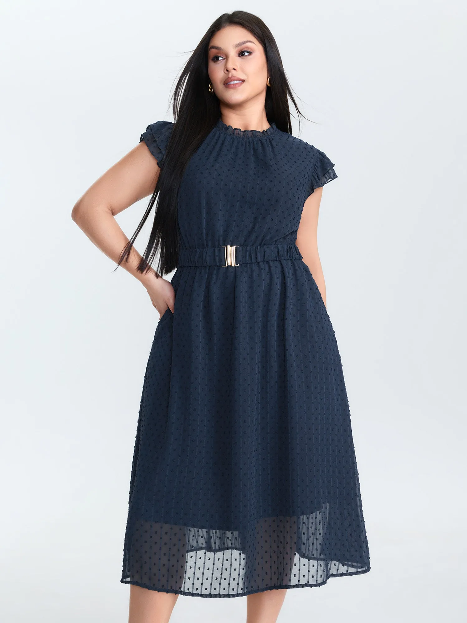 Textured Sheer Ruffled Mock Neckline Midi Dress sold by Bloomchic product image thumbnail 4