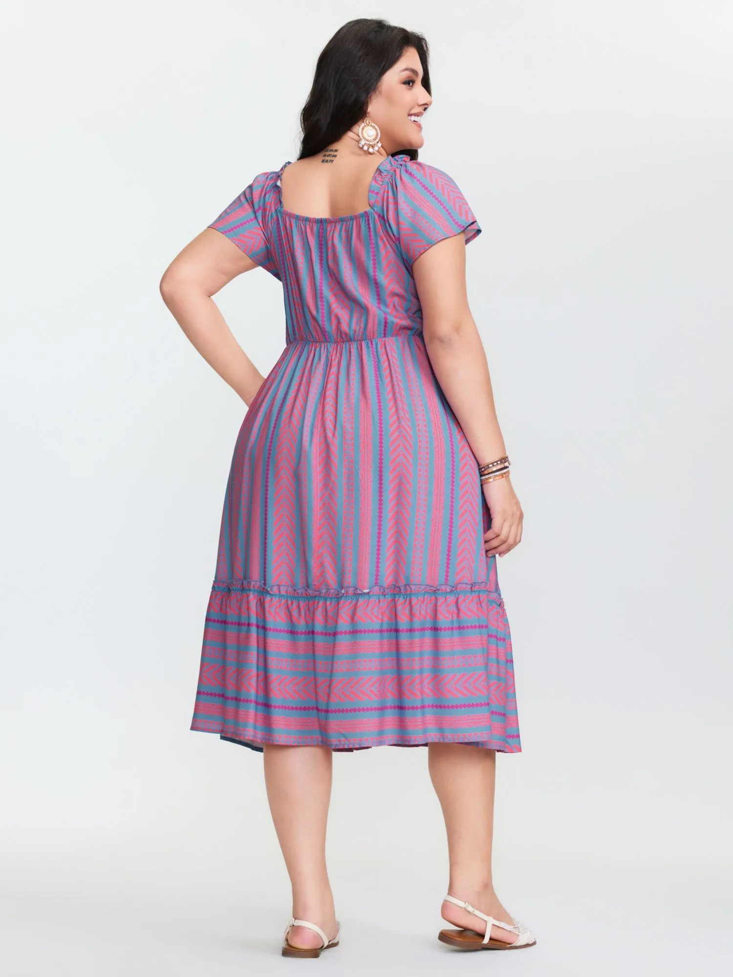 Colorful Stripes Shirred Bodice Ruffled Midi Dress sold by Bloomchic product image thumbnail 4