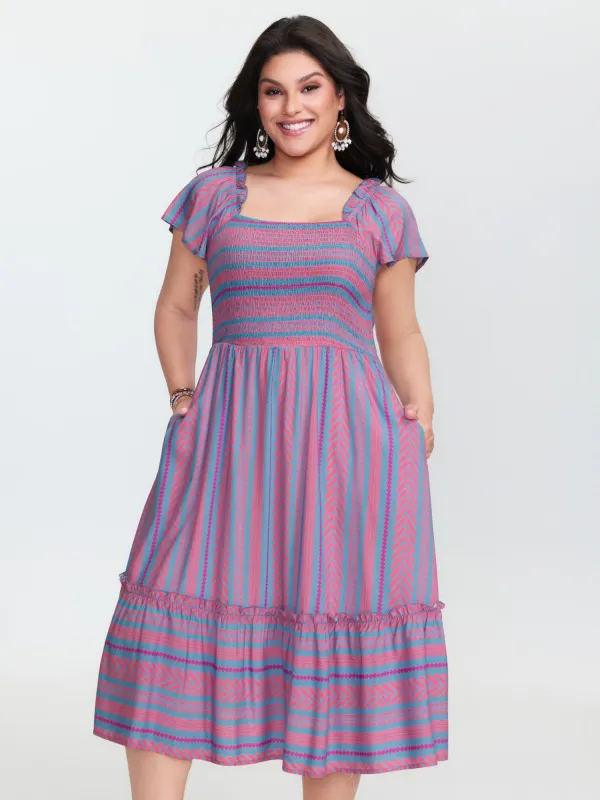 Colorful Stripes Shirred Bodice Ruffled Midi Dress sold by Bloomchic
