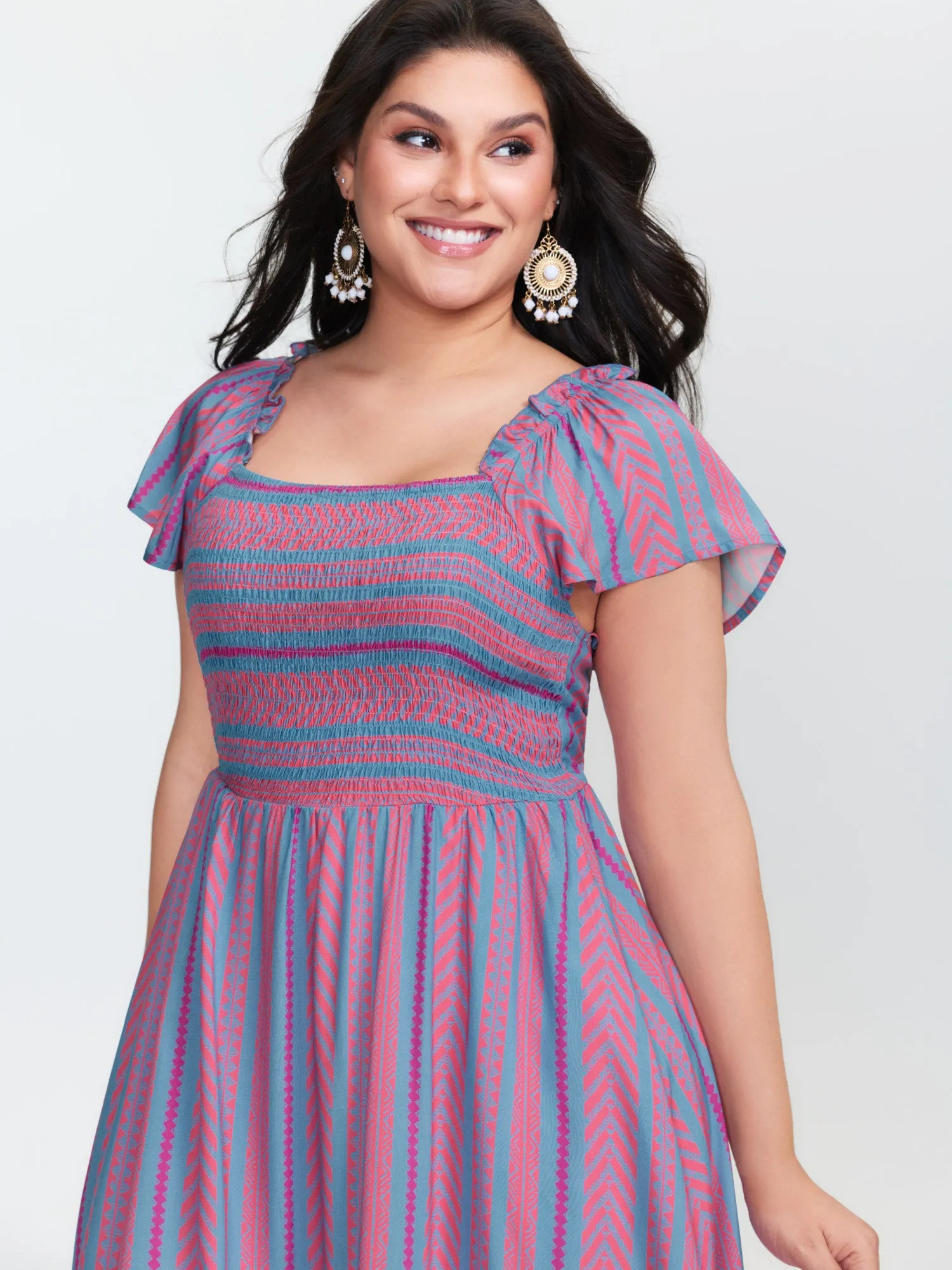 Colorful Stripes Shirred Bodice Ruffled Midi Dress sold by Bloomchic product image thumbnail 3