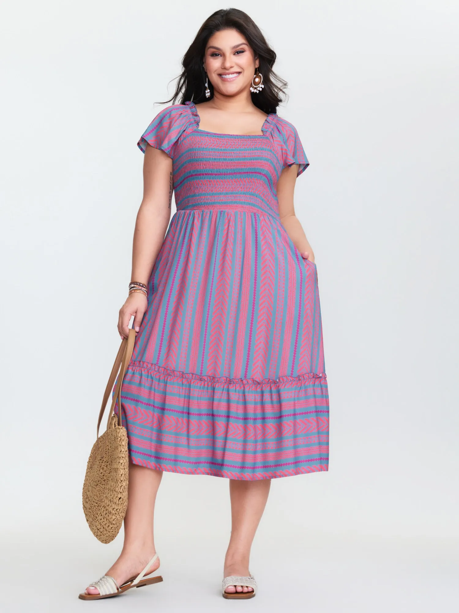 Colorful Stripes Shirred Bodice Ruffled Midi Dress sold by Bloomchic product image thumbnail 2
