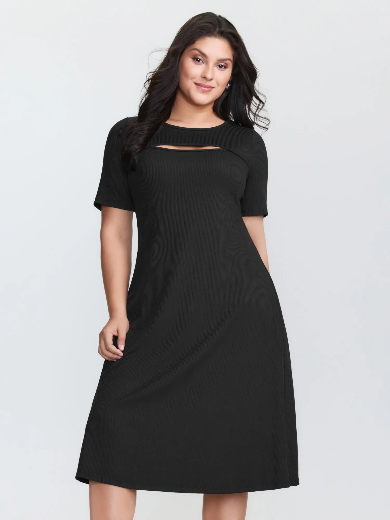 Ribbed Cut-Out Neckline Midi Dress sold by Bloomchic