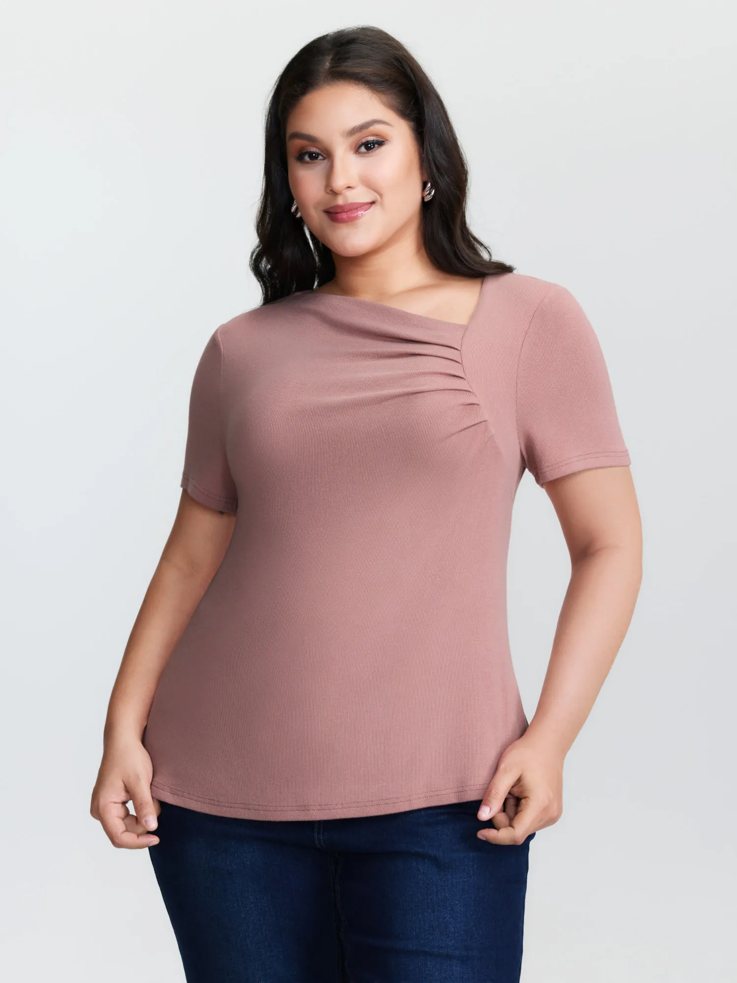 Stretchy Gathered Side Neckline Knit Top sold by Bloomchic