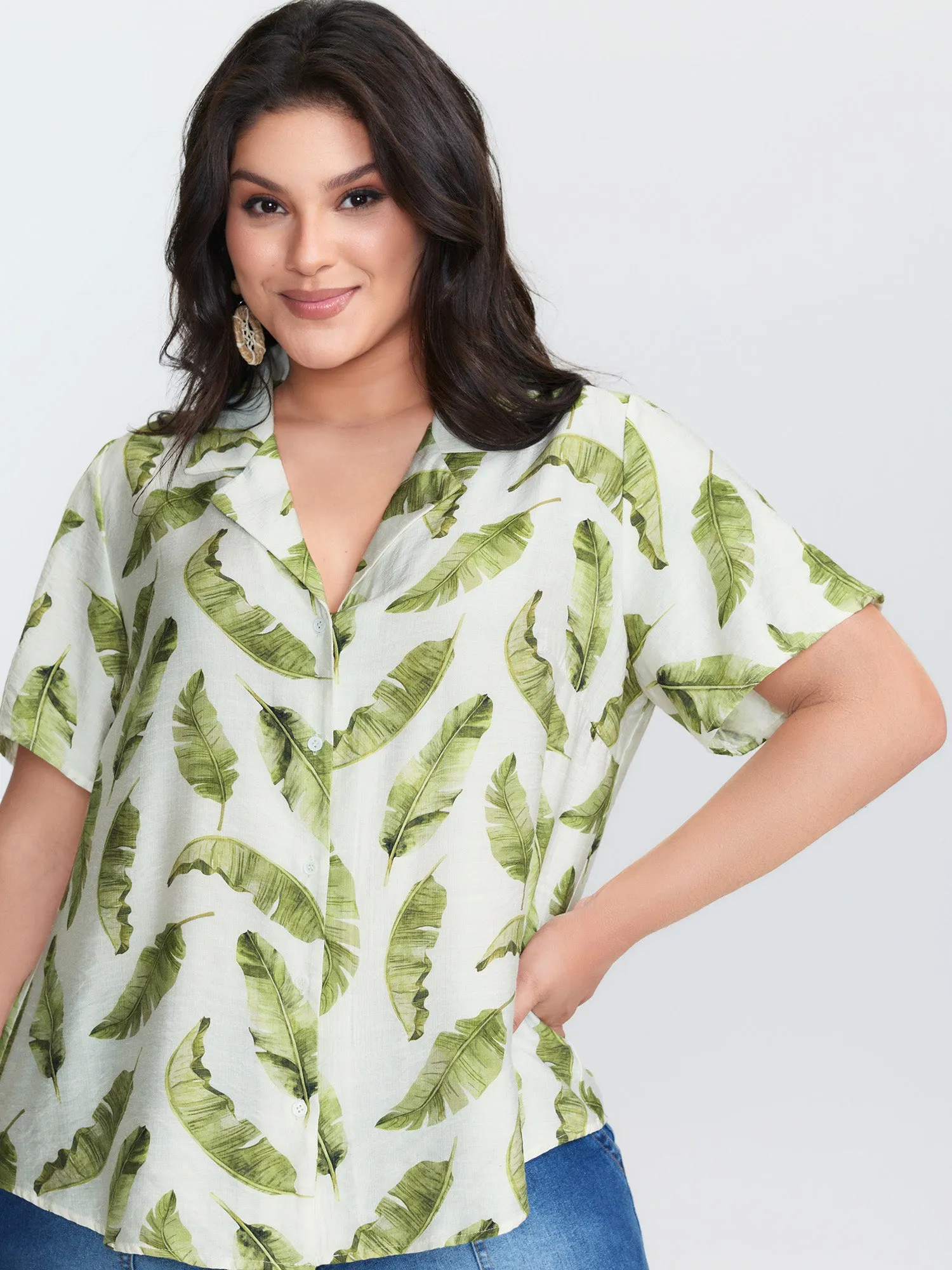 Tropical Leaf Print Button-Down Blouse sold by Bloomchic product image thumbnail 3