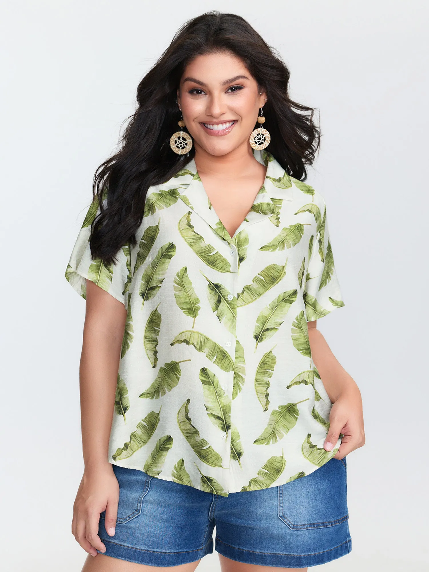 Tropical Leaf Print Button-Down Blouse sold by Bloomchic