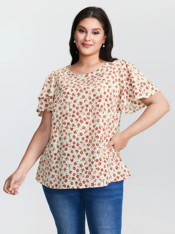 Floral Print Layered Sleeve Round Neck Blouse sold by Bloomchic