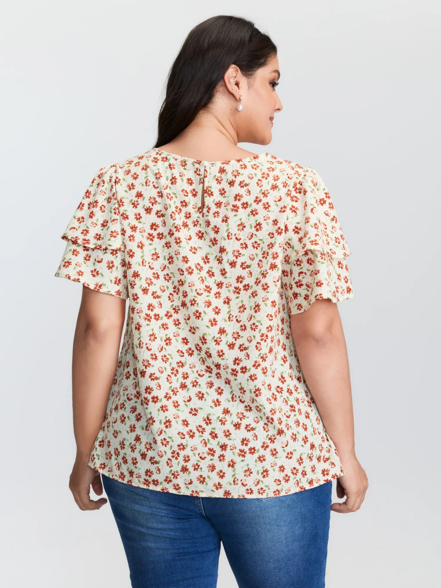 Floral Print Layered Sleeve Round Neck Blouse sold by Bloomchic product image thumbnail 4